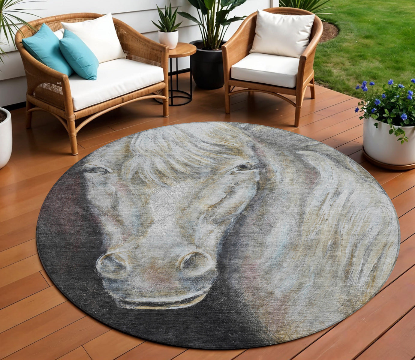 8 Ivory And Charcoal Round Animal Print Washable Indoor Outdoor Area Rug