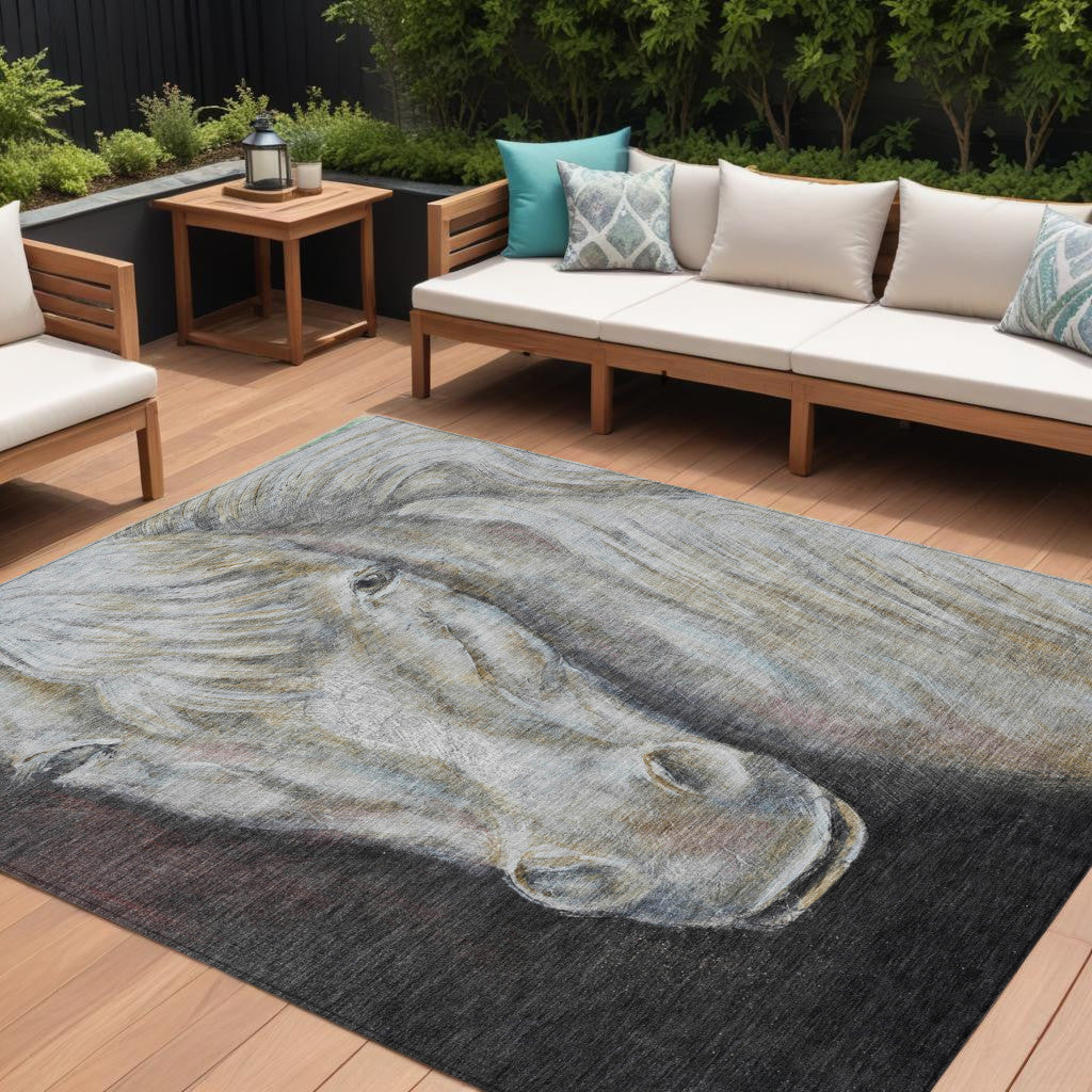10 X 14 Ivory And Charcoal Animal Print Washable Indoor Outdoor Area Rug