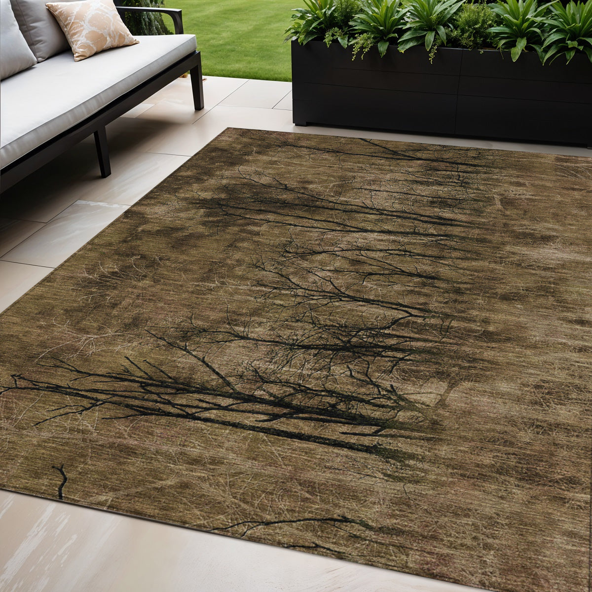 5 X 8 Brown And Charcoal Floral Washable Indoor Outdoor Area Rug