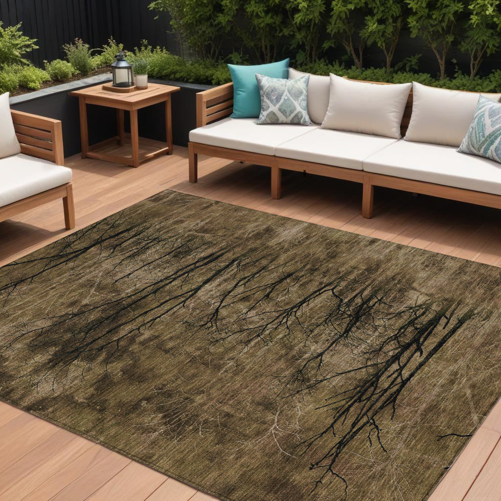 10 X 14 Brown And Charcoal Floral Washable Indoor Outdoor Area Rug