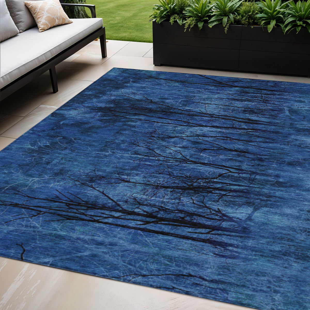 5 X 8 Blue And Charcoal Floral Washable Indoor Outdoor Area Rug