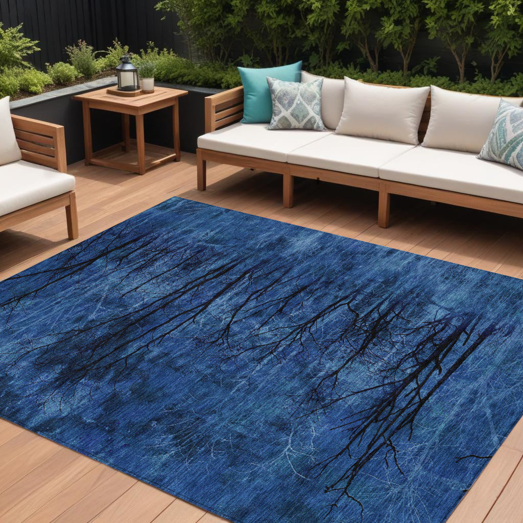 8 X 10 Blue And Charcoal Floral Washable Indoor Outdoor Area Rug