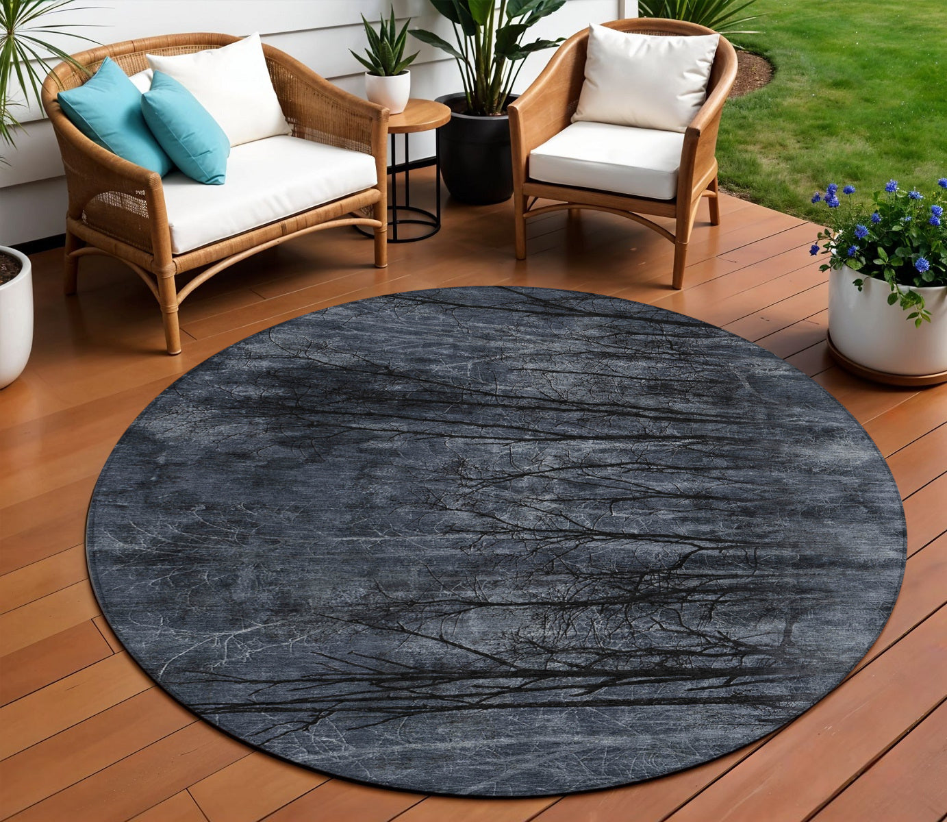8 Charcoal And Gray Round Floral Washable Indoor Outdoor Area Rug