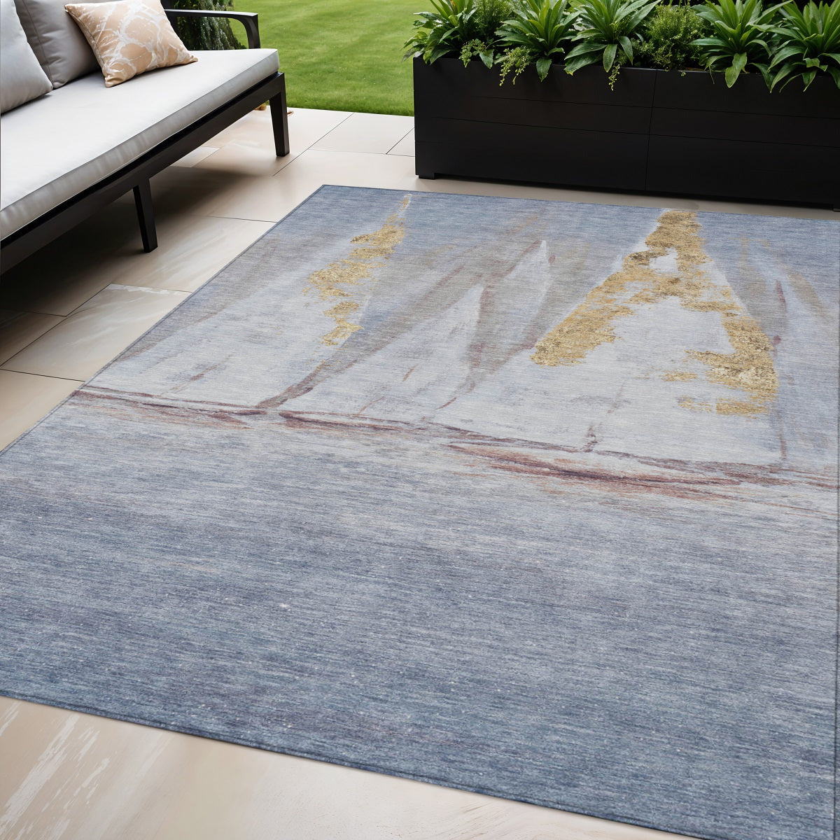 5 X 8 Blue And Gold Nautical Washable Indoor Outdoor Area Rug