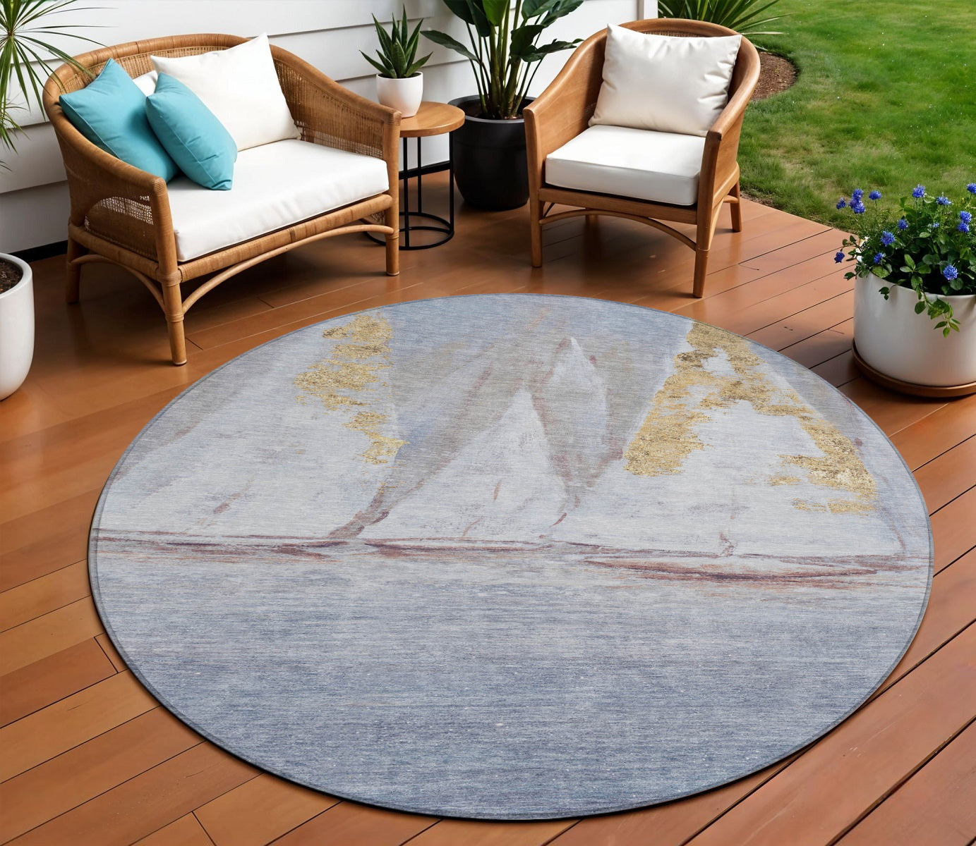 8 Blue And Gold Round Nautical Washable Indoor Outdoor Area Rug
