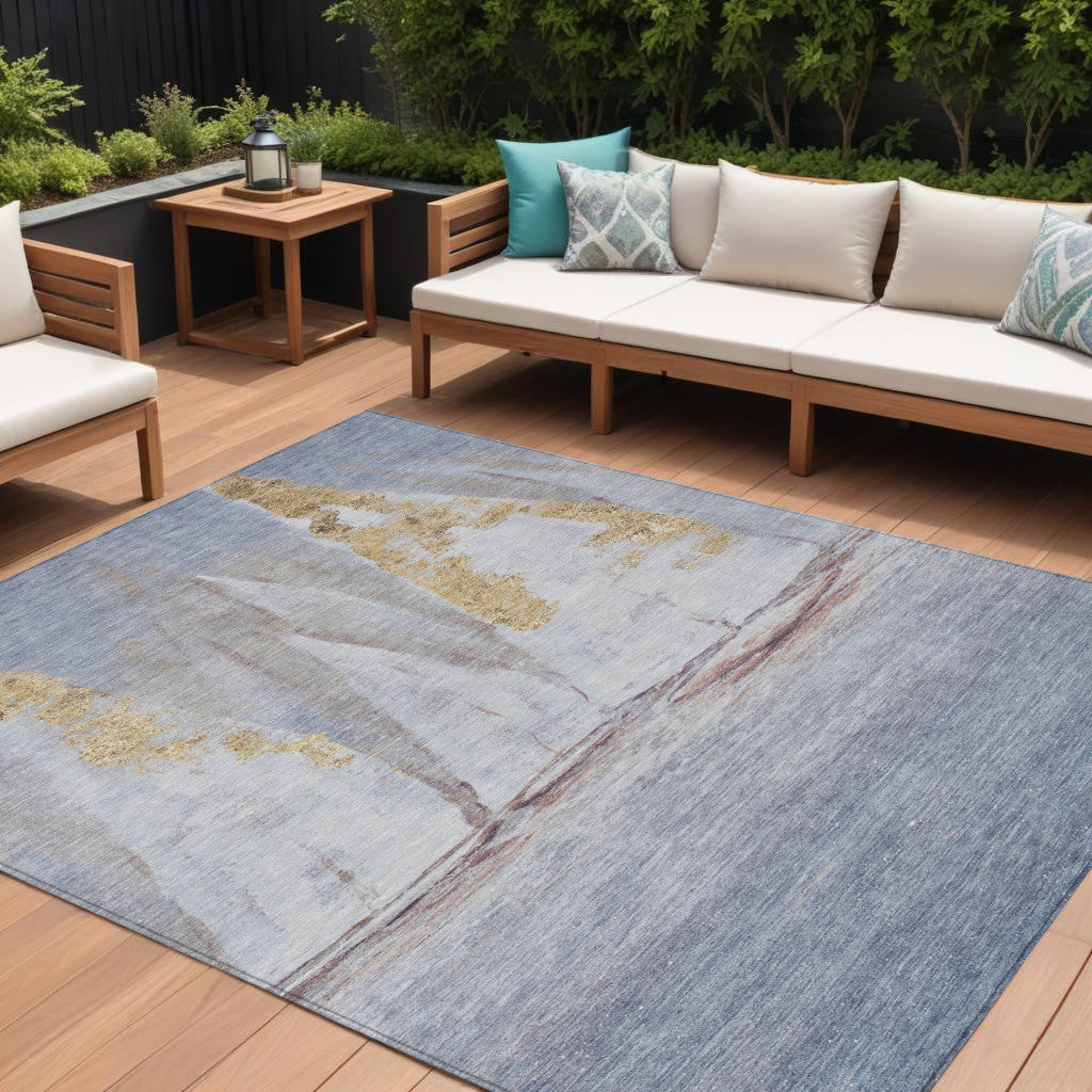 8 X 10 Blue And Gold Nautical Washable Indoor Outdoor Area Rug