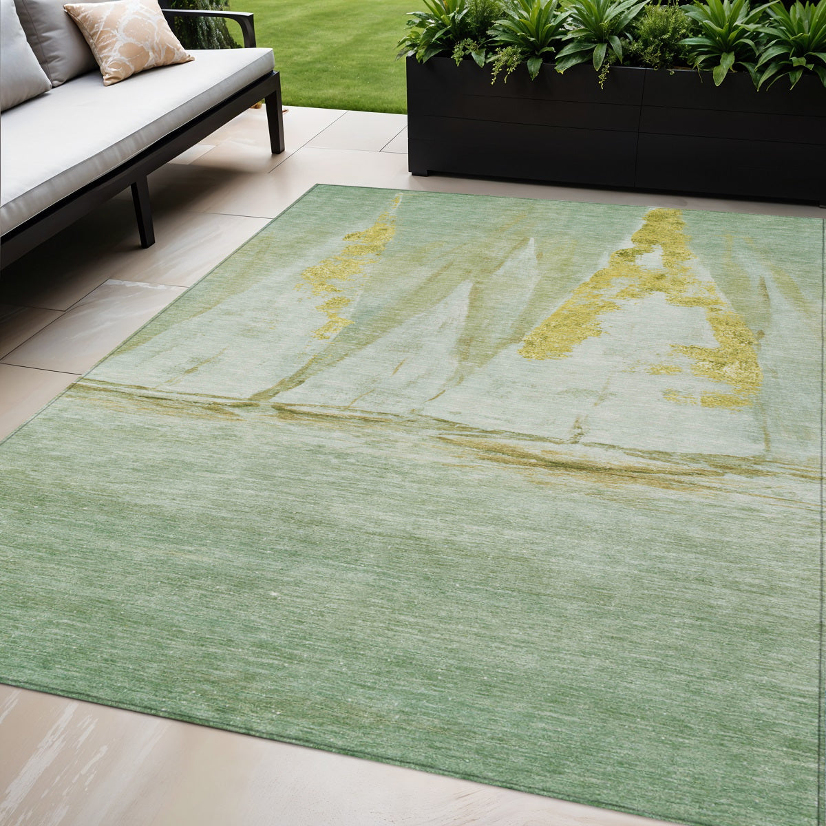 5 X 8 Green And Gold Nautical Washable Indoor Outdoor Area Rug