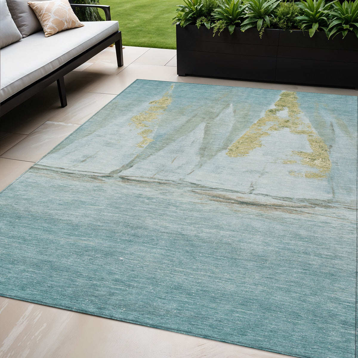 5 X 8 Teal Blue And Gold Nautical Washable Indoor Outdoor Area Rug