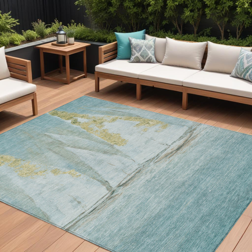 9 X 12 Teal Blue And Gold Nautical Washable Indoor Outdoor Area Rug
