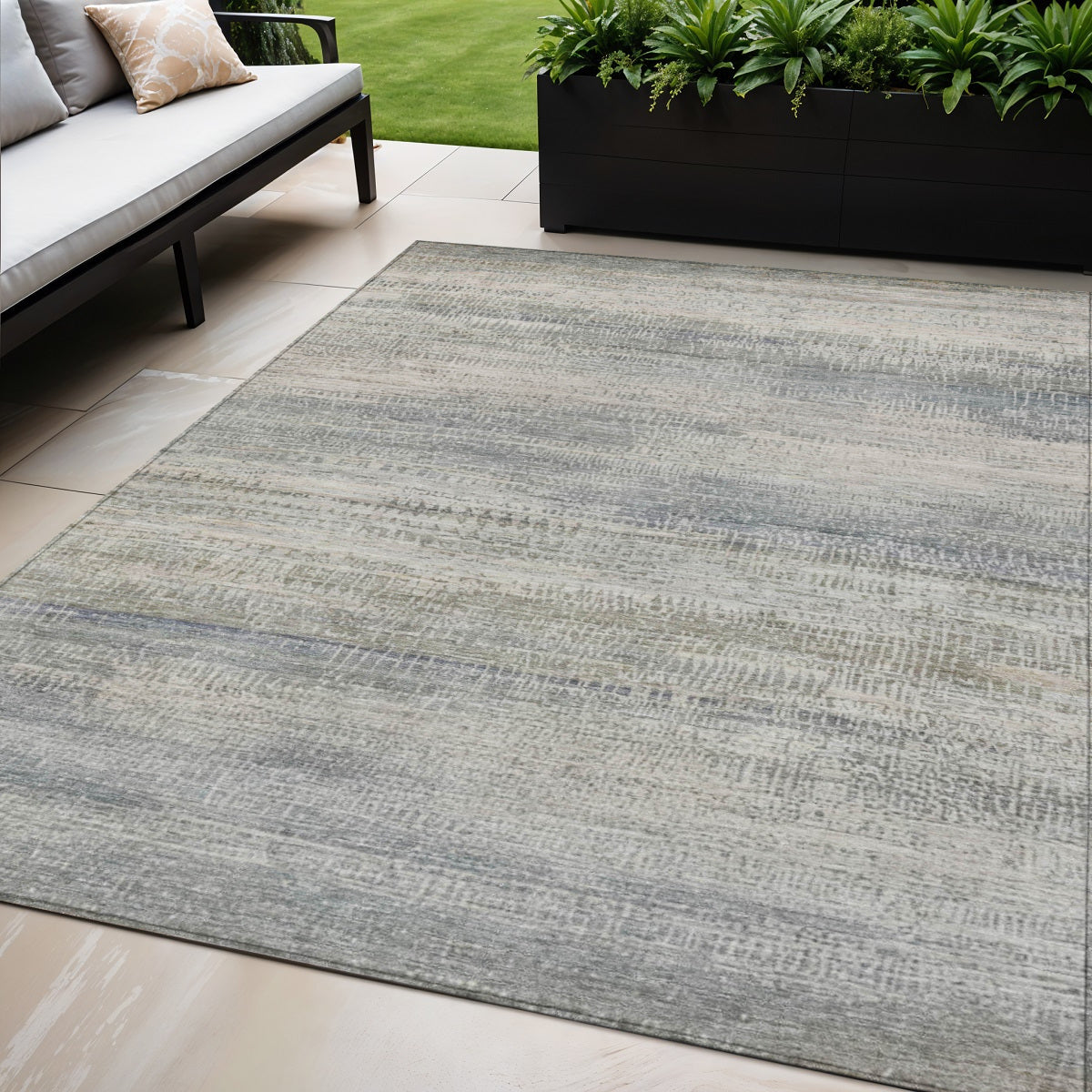 5 X 8 Linen And Beige Abstract Washable Indoor Outdoor Area Rug