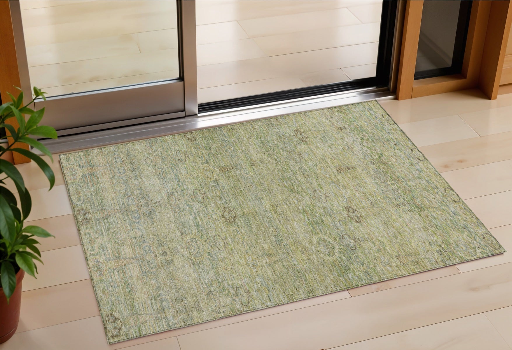 3 X 5 Green And Gold Oriental Washable Indoor Outdoor Area Rug