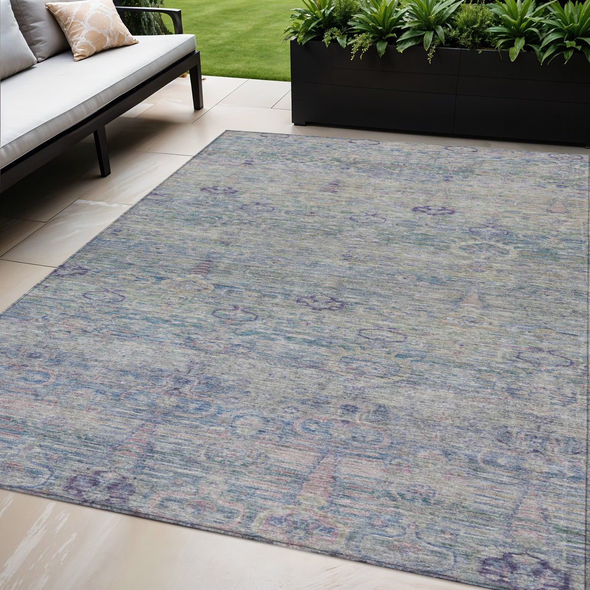 5 X 8 Plum And Silver Oriental Washable Indoor Outdoor Area Rug