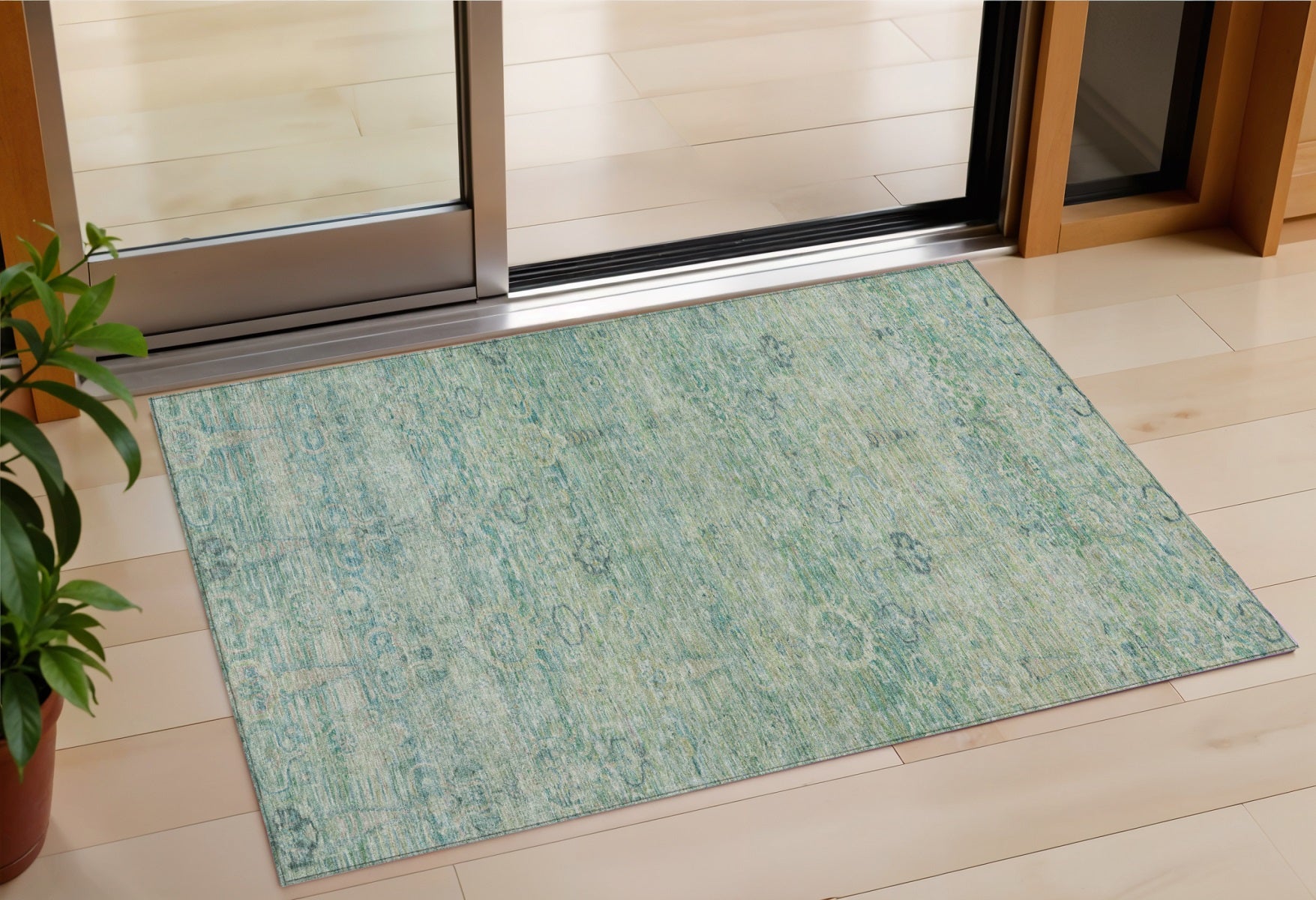 3 X 5 Teal Blue And Linen Oriental Washable Indoor Outdoor Area Rug