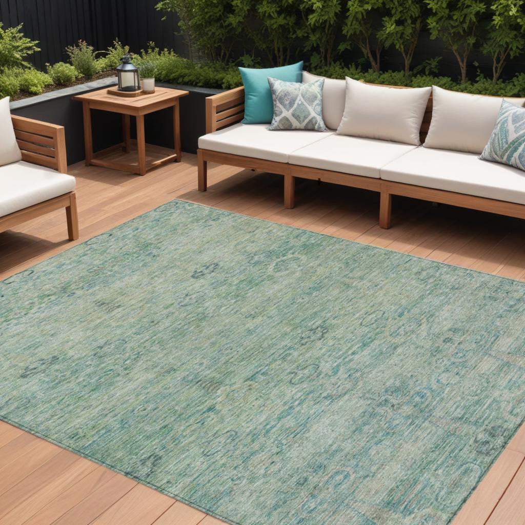 9 X 12 Teal Blue And Linen Oriental Washable Indoor Outdoor Area Rug