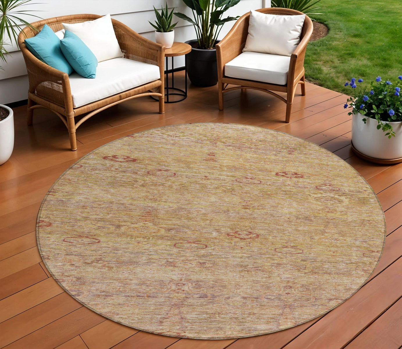 8 Coral And Copper Round Oriental Washable Indoor Outdoor Area Rug