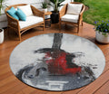 8 Gray Charcoal And Red Round Abstract Washable Indoor Outdoor Area Rug