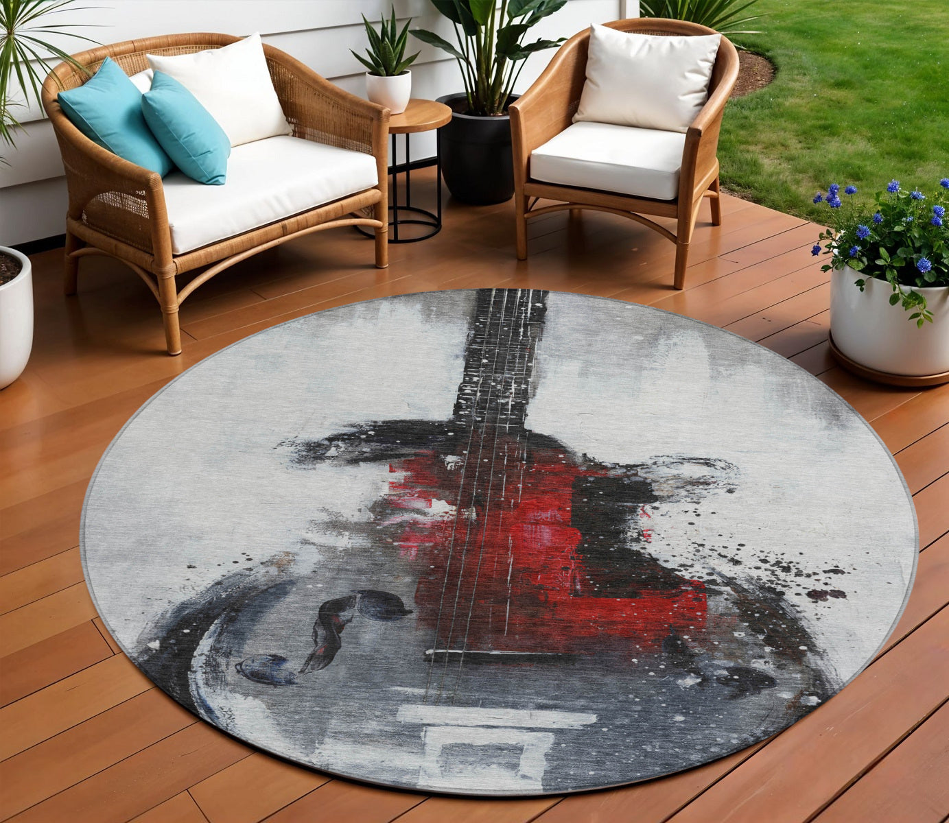 8 Gray Charcoal And Red Round Abstract Washable Indoor Outdoor Area Rug