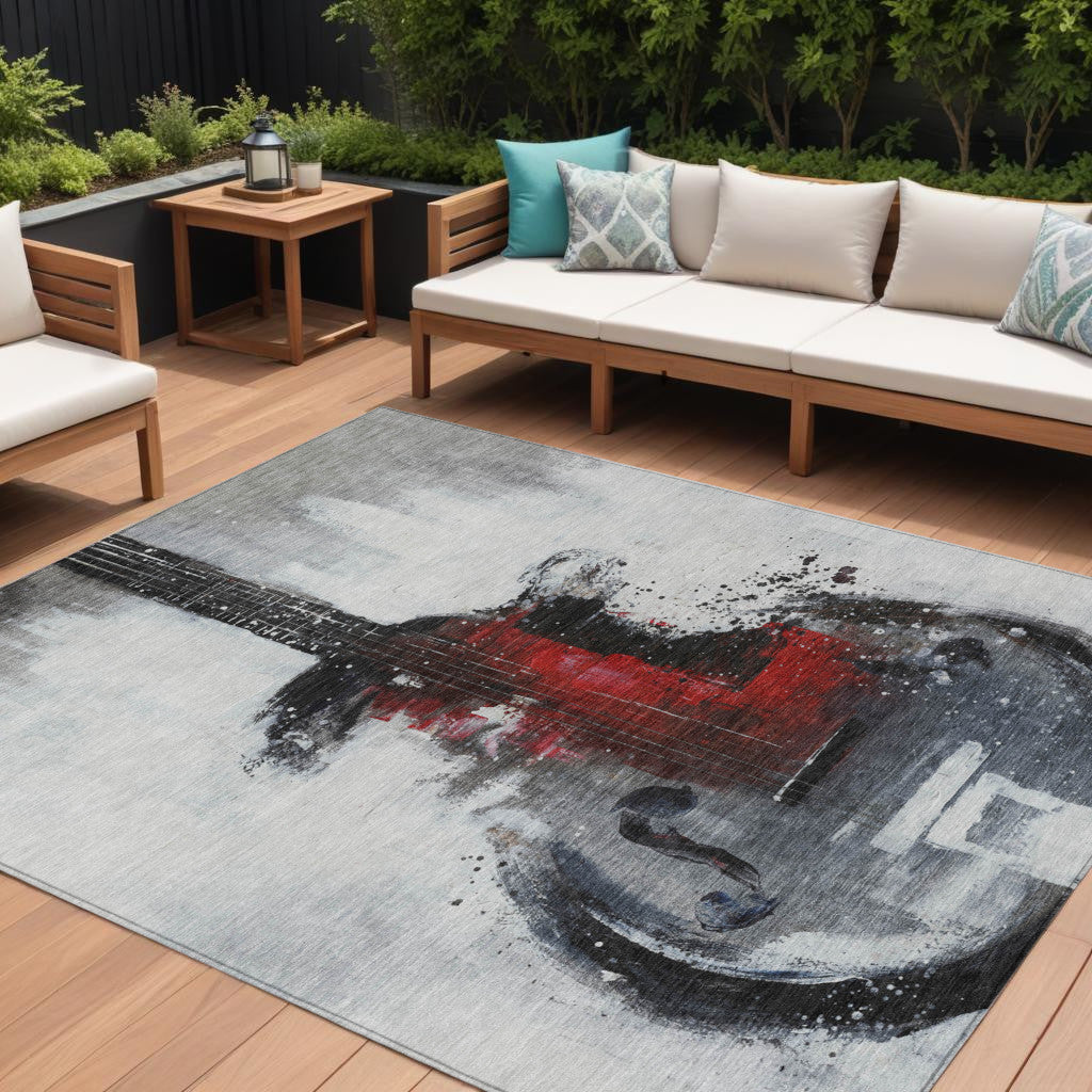 9 X 12 Gray Charcoal And Red Abstract Washable Indoor Outdoor Area Rug
