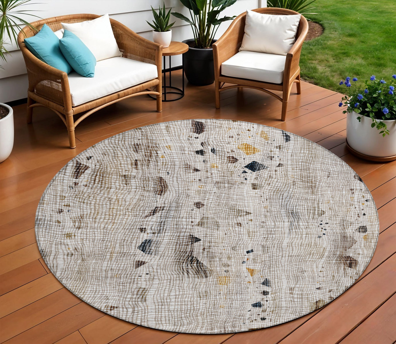 8 Linen And Gold Round Abstract Washable Indoor Outdoor Area Rug