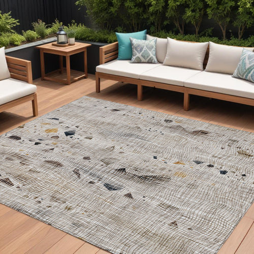 10 X 14 Linen And Gold Abstract Washable Indoor Outdoor Area Rug