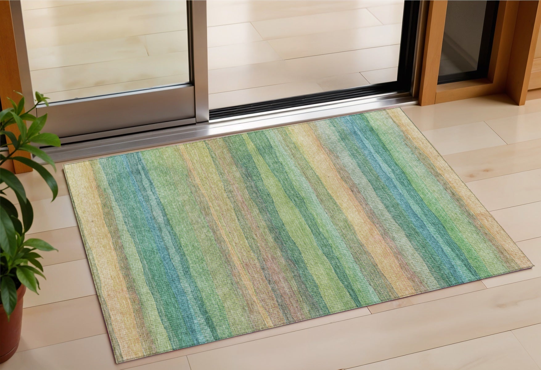 3 X 5 Artichoke Green Peach And Teal Blue Striped Washable Indoor Outdoor Area Rug