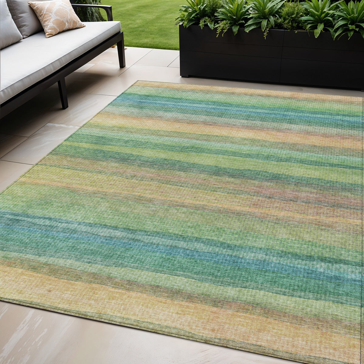 5 X 8 Artichoke Green Peach And Teal Blue Striped Washable Indoor Outdoor Area Rug
