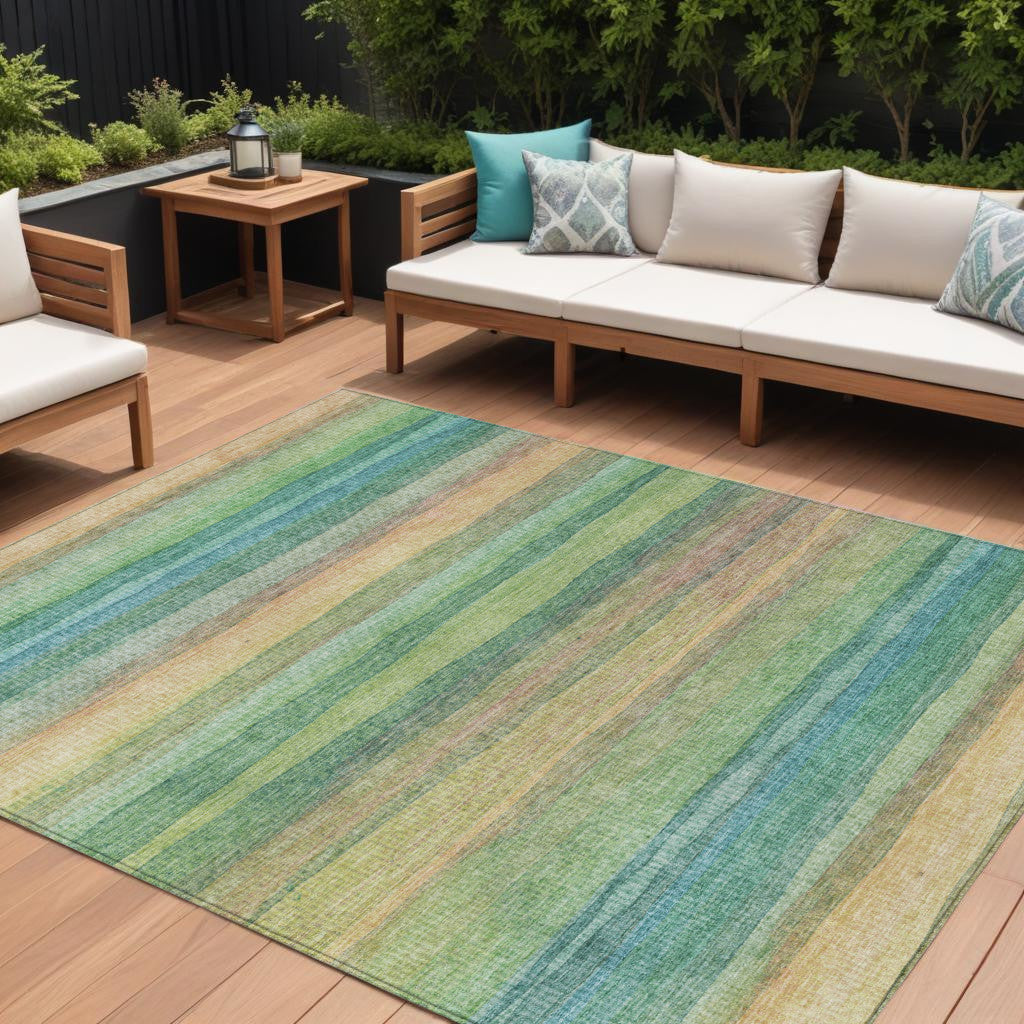 9 X 12 Artichoke Green Peach And Teal Blue Striped Washable Indoor Outdoor Area Rug