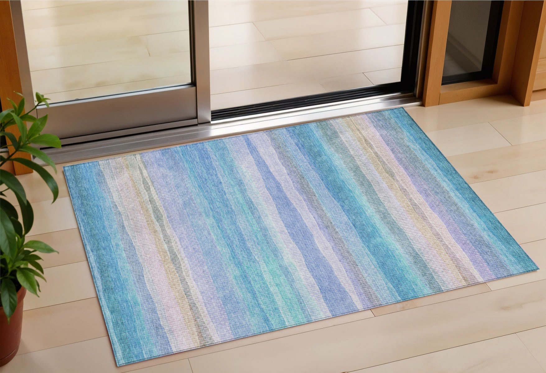 3 X 5 Aqua Lavender And Peach Striped Washable Indoor Outdoor Area Rug
