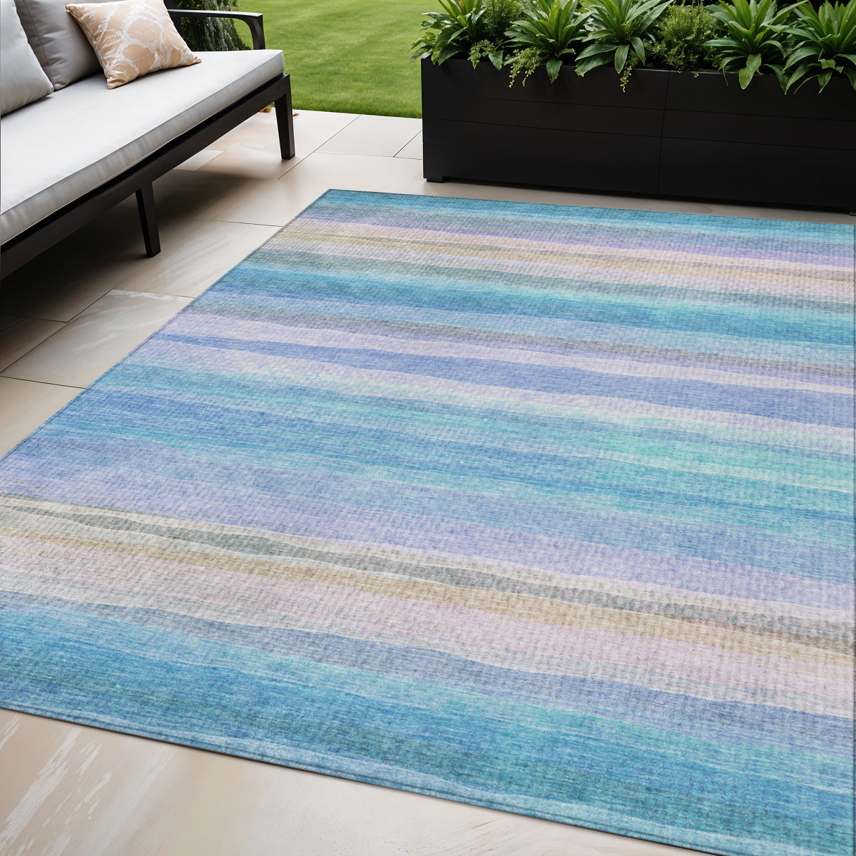 5 X 8 Aqua Lavender And Peach Striped Washable Indoor Outdoor Area Rug