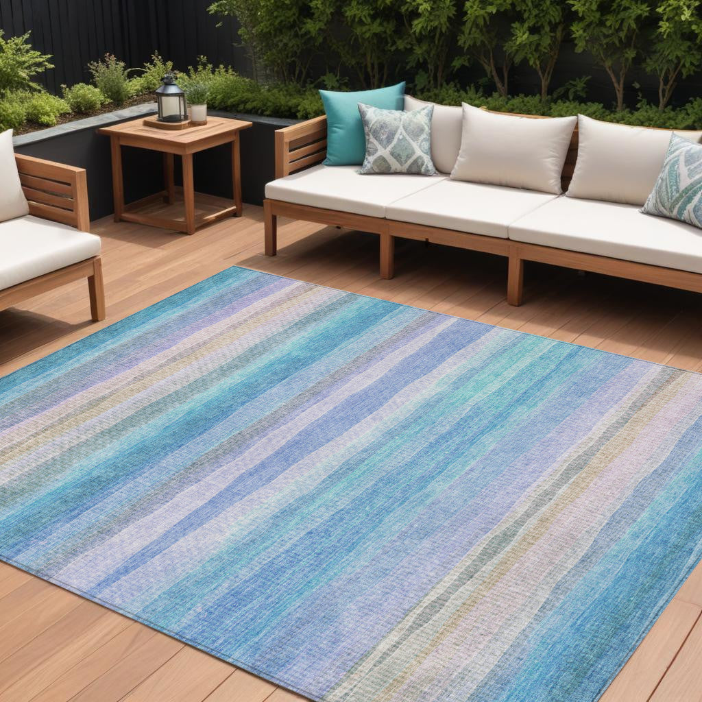 9 X 12 Aqua Lavender And Peach Striped Washable Indoor Outdoor Area Rug