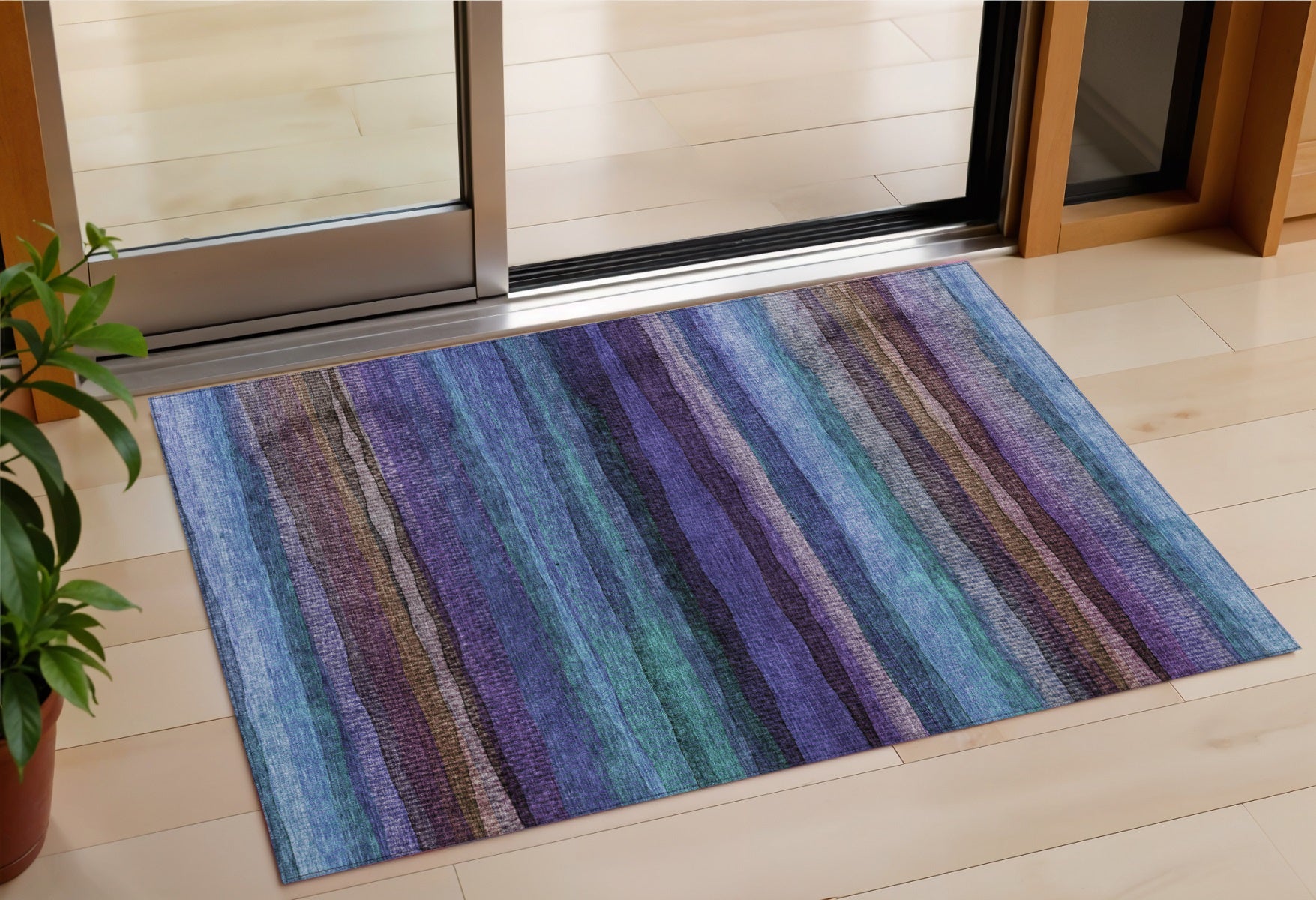 3 X 5 Blue Purple And Taupe Striped Washable Indoor Outdoor Area Rug