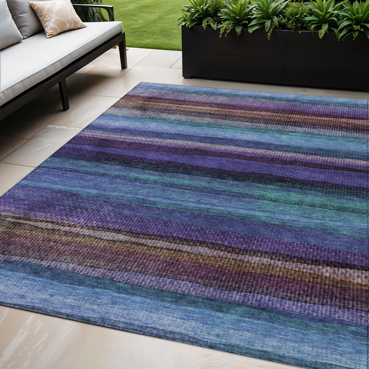 5 X 8 Blue Purple And Taupe Striped Washable Indoor Outdoor Area Rug