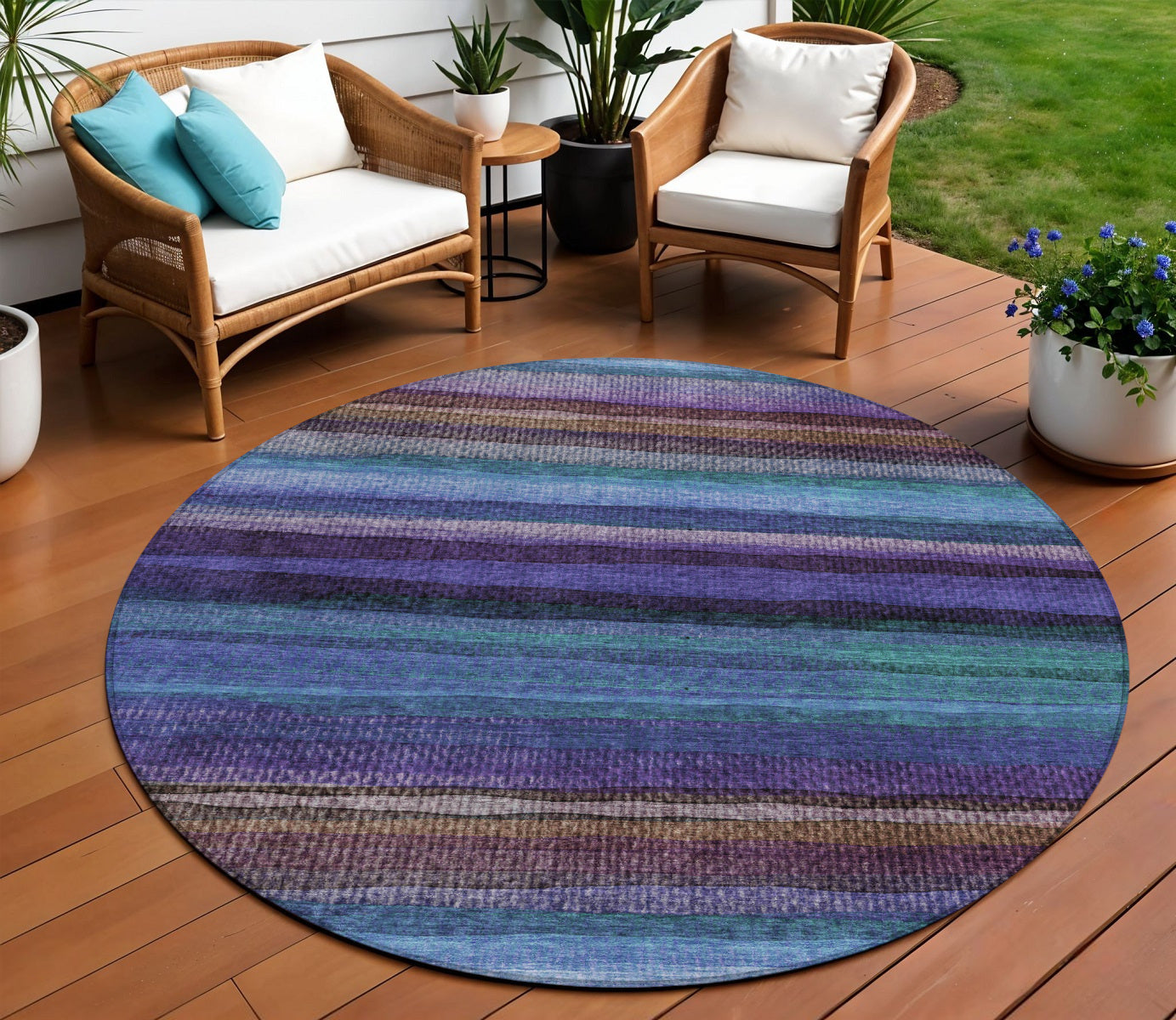 8 Blue Purple And Taupe Round Striped Washable Indoor Outdoor Area Rug
