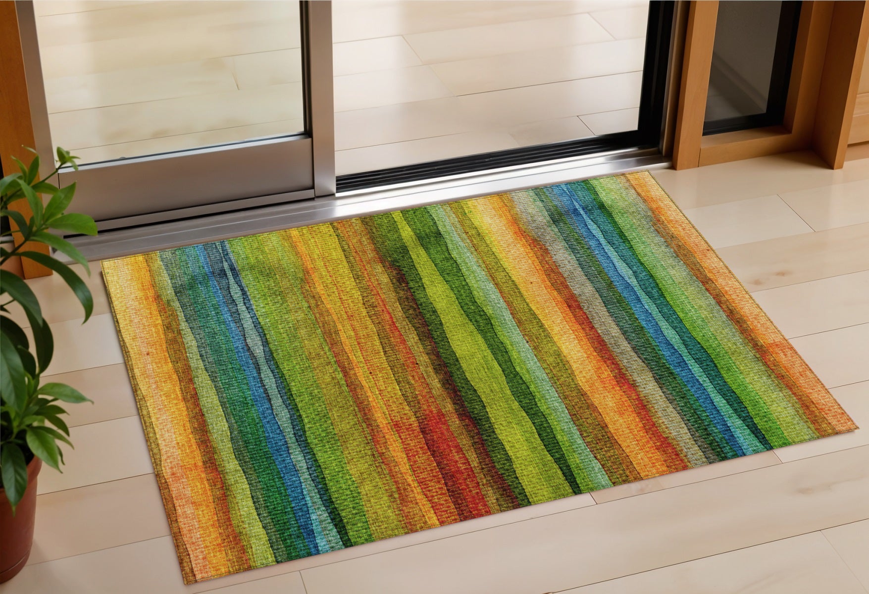 3 X 5 Green Teal Blue And Copper Striped Washable Indoor Outdoor Area Rug