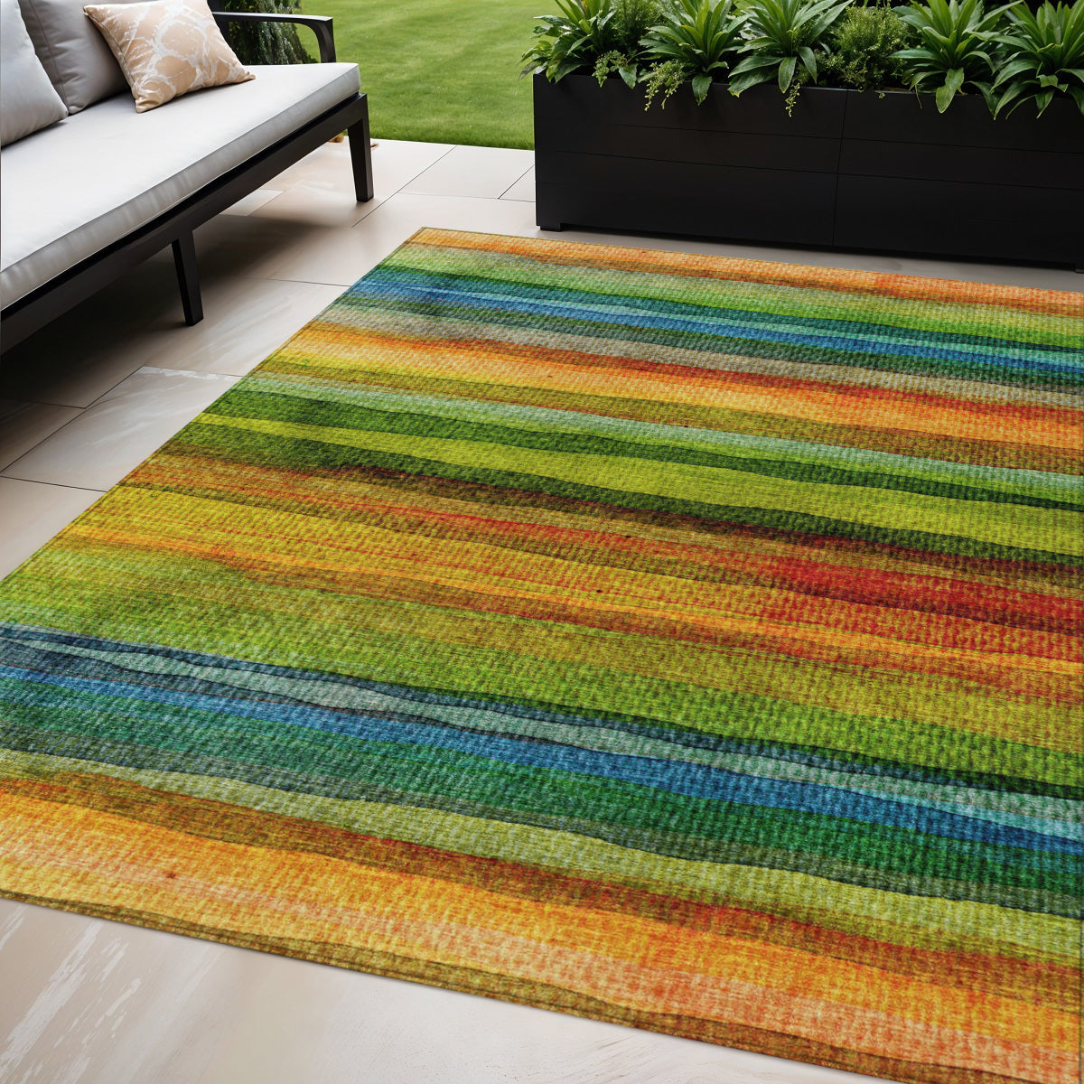 5 X 8 Green Teal Blue And Copper Striped Washable Indoor Outdoor Area Rug