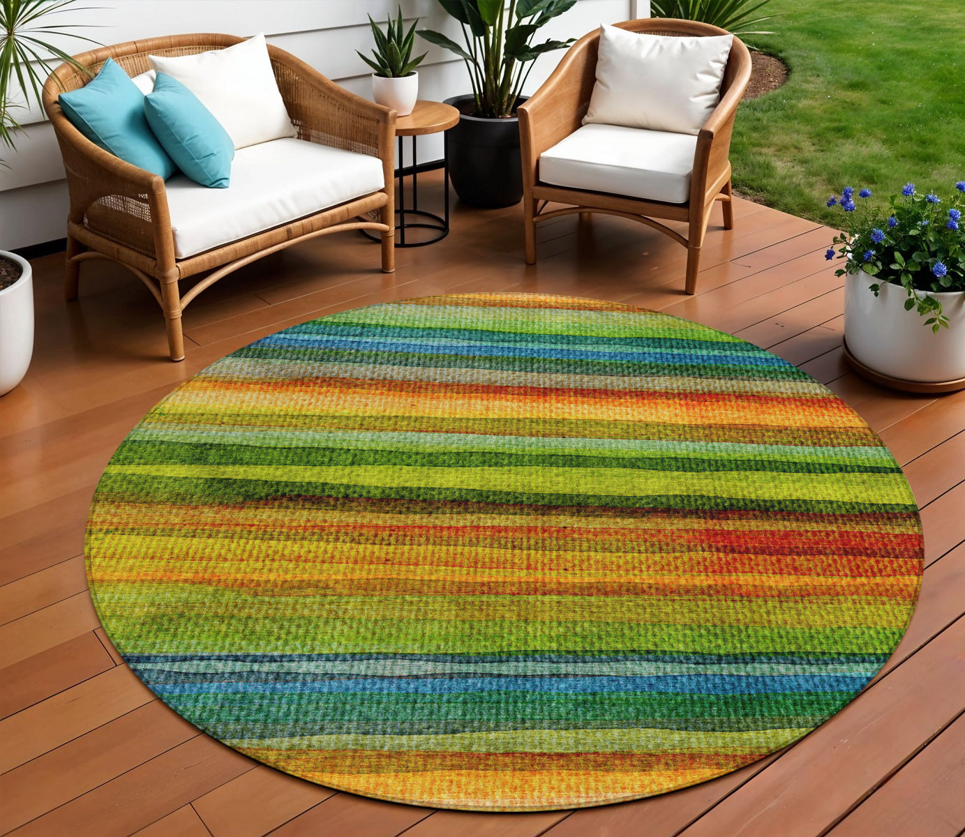 8 Green Teal Blue And Copper Round Striped Washable Indoor Outdoor Area Rug