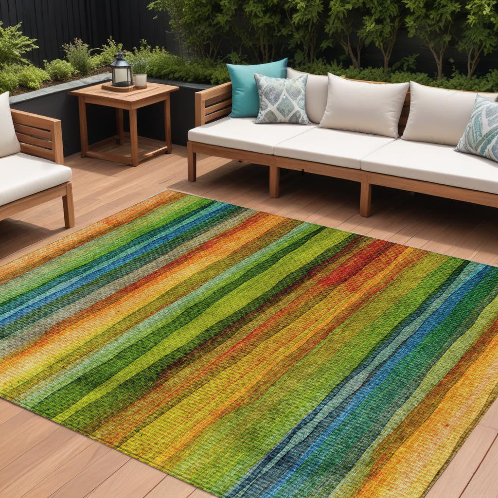 10 X 14 Green Teal Blue And Copper Striped Washable Indoor Outdoor Area Rug