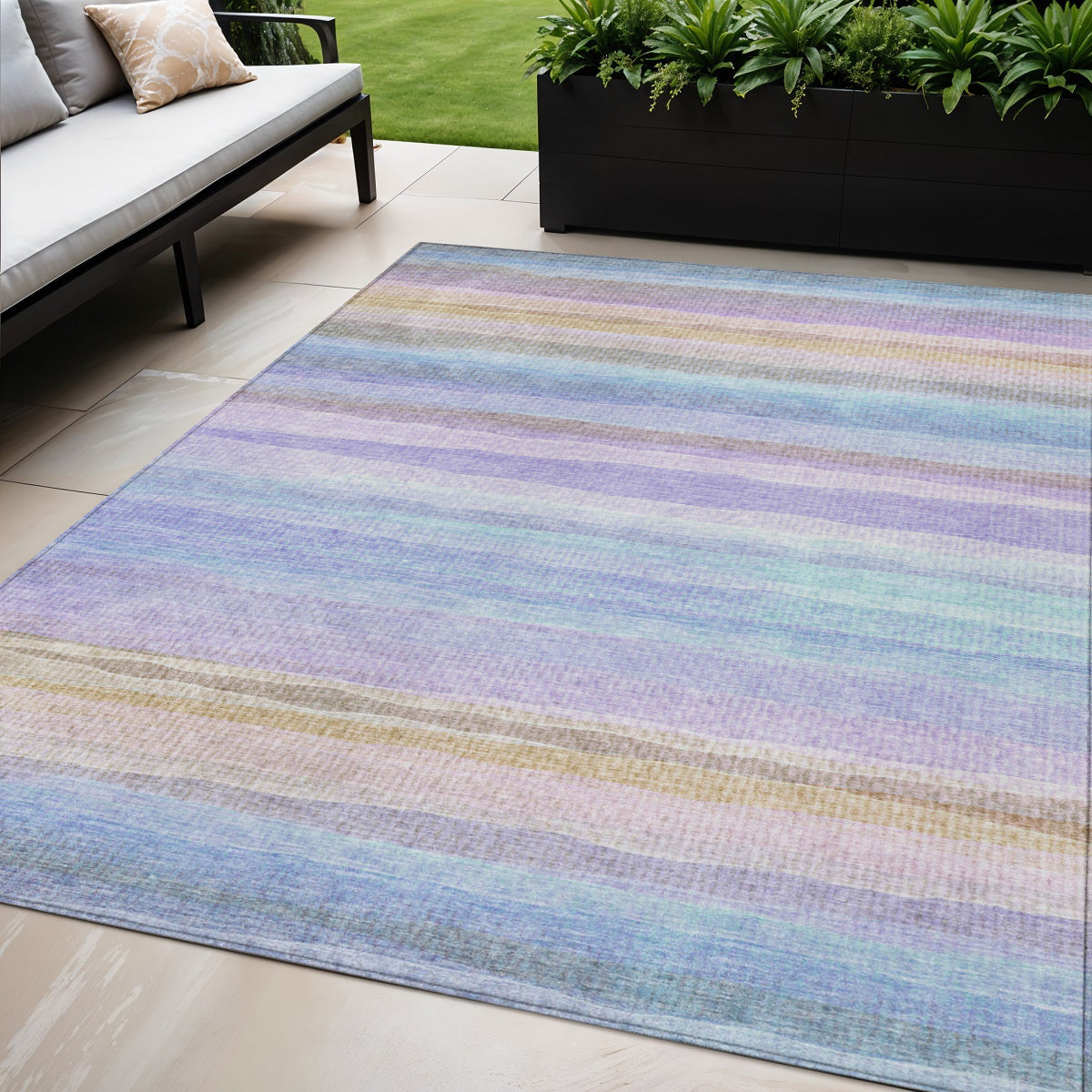 5 X 8 Lavender Sky Blue And Beige Striped Washable Indoor Outdoor Area Rug