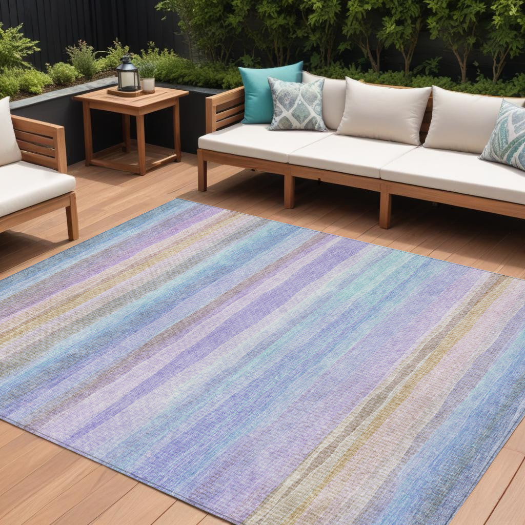 9 X 12 Lavender Sky Blue And Beige Striped Washable Indoor Outdoor Area Rug