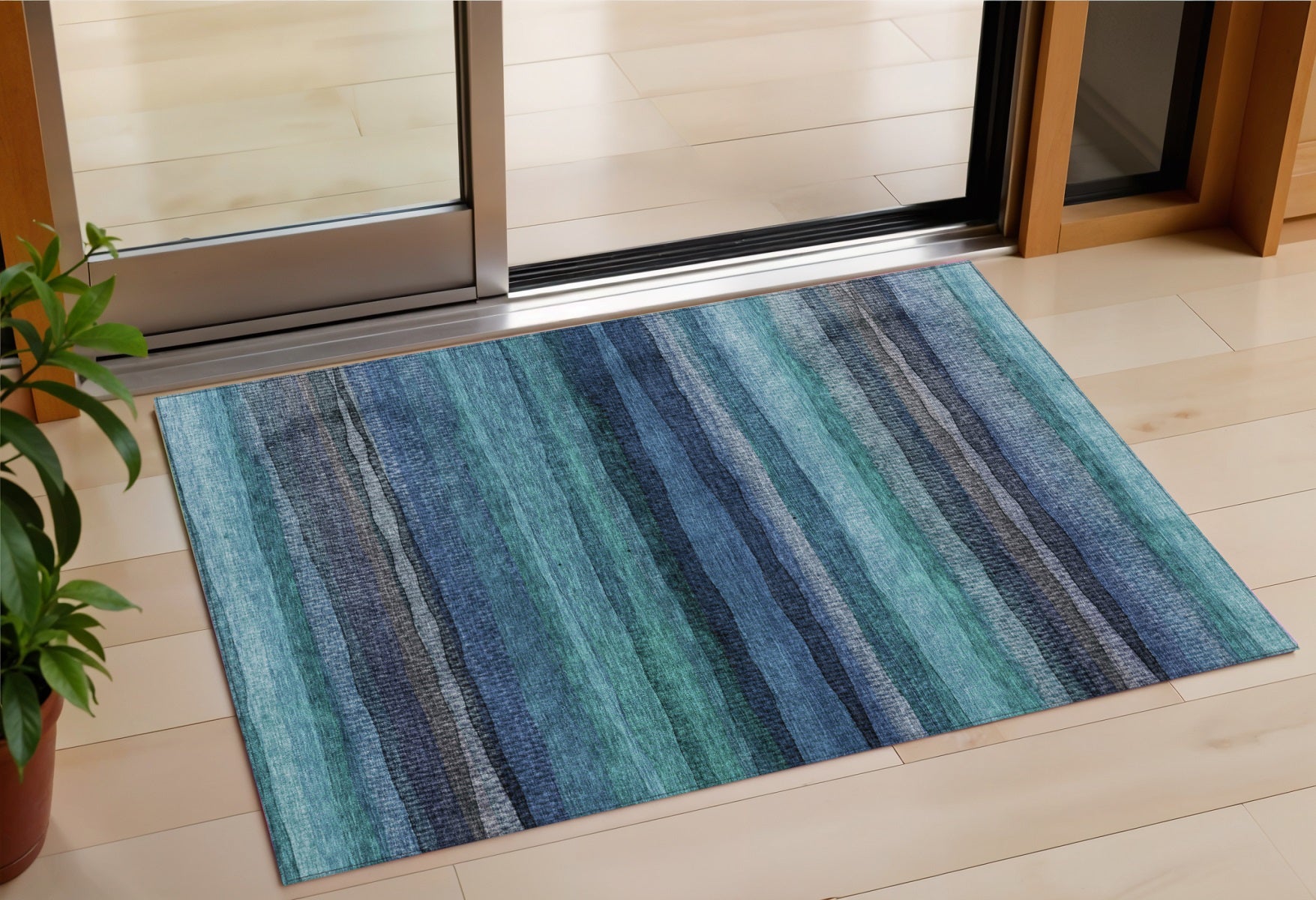 3 X 5 Teal Blue Aqua And Navy Blue Striped Washable Indoor Outdoor Area Rug