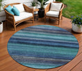 8 Teal Blue Aqua And Navy Blue Round Striped Washable Indoor Outdoor Area Rug