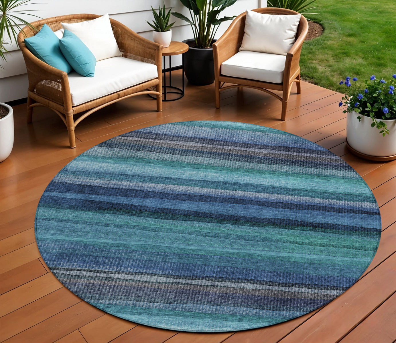 8 Teal Blue Aqua And Navy Blue Round Striped Washable Indoor Outdoor Area Rug