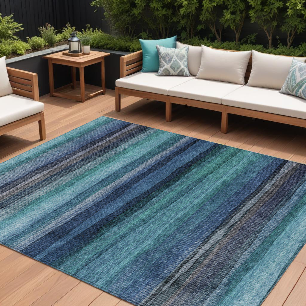 9 X 12 Teal Blue Aqua And Navy Blue Striped Washable Indoor Outdoor Area Rug