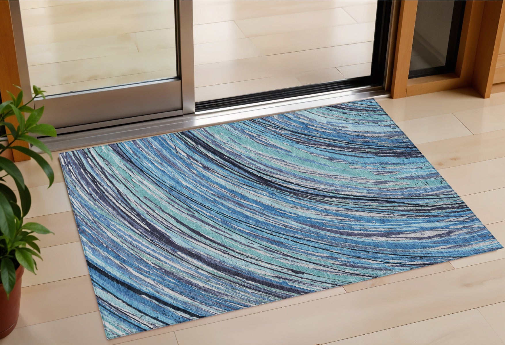 3 X 5 Blue Aqua And Ivory Abstract Washable Indoor Outdoor Area Rug