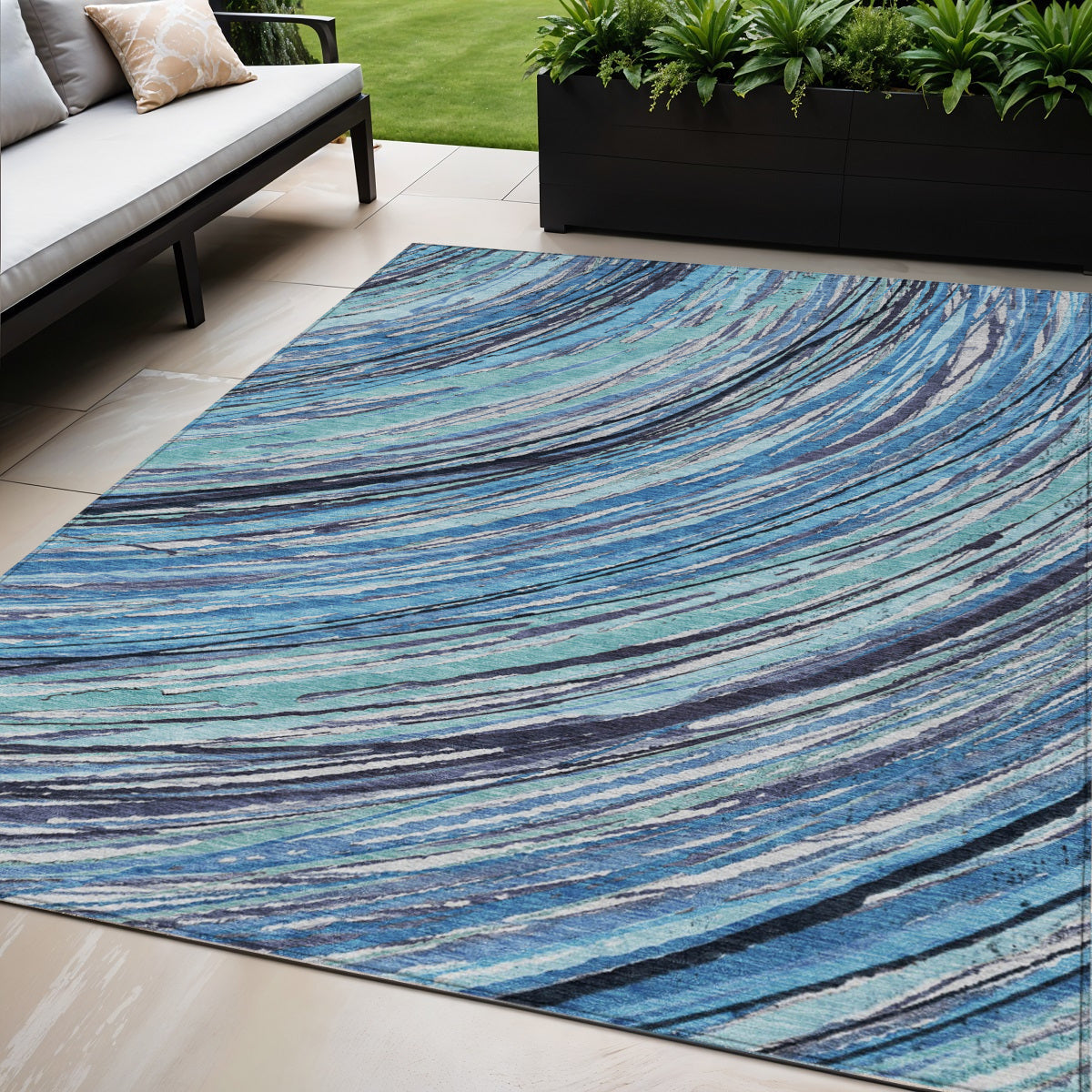 5 X 8 Blue Aqua And Ivory Abstract Washable Indoor Outdoor Area Rug