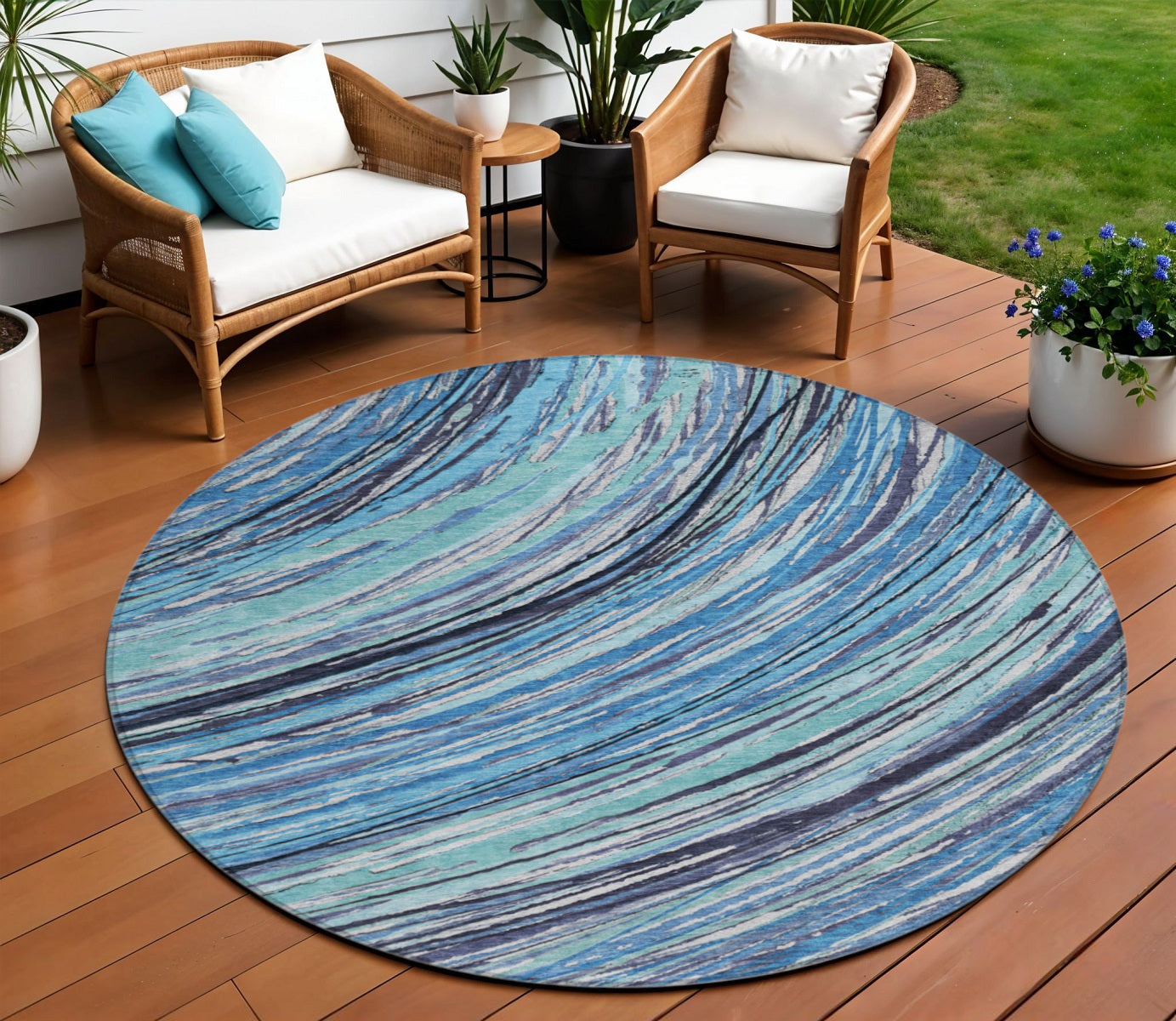 8 Blue Aqua And Ivory Round Abstract Washable Indoor Outdoor Area Rug