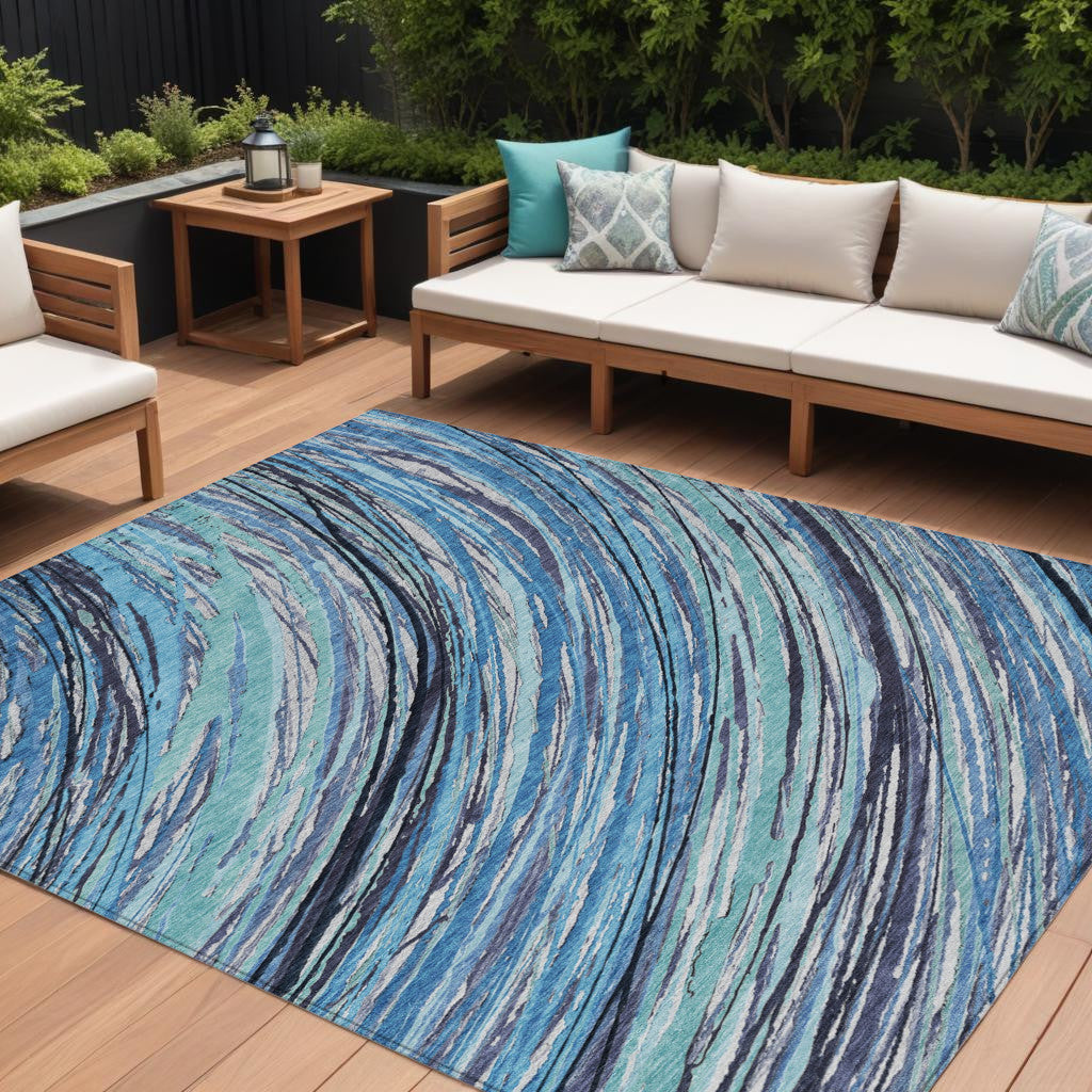 10 X 14 Blue Aqua And Ivory Abstract Washable Indoor Outdoor Area Rug