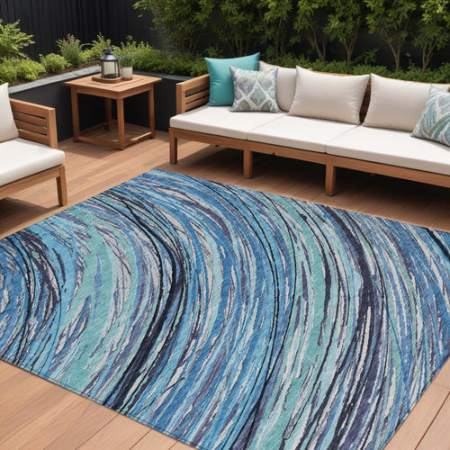 10 X 14 Blue Aqua And Ivory Abstract Washable Indoor Outdoor Area Rug