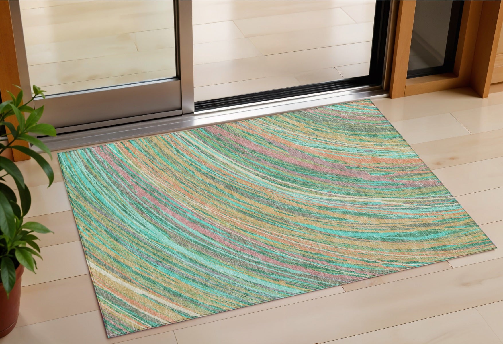 3 X 5 Teal Blue Pink And Peach Abstract Washable Indoor Outdoor Area Rug
