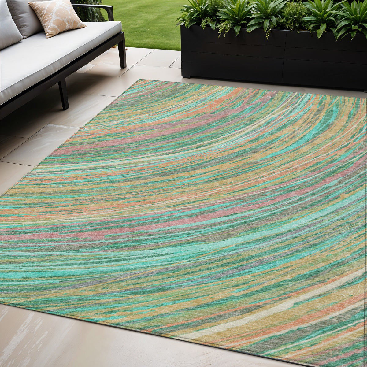 5 X 8 Teal Blue Pink And Peach Abstract Washable Indoor Outdoor Area Rug
